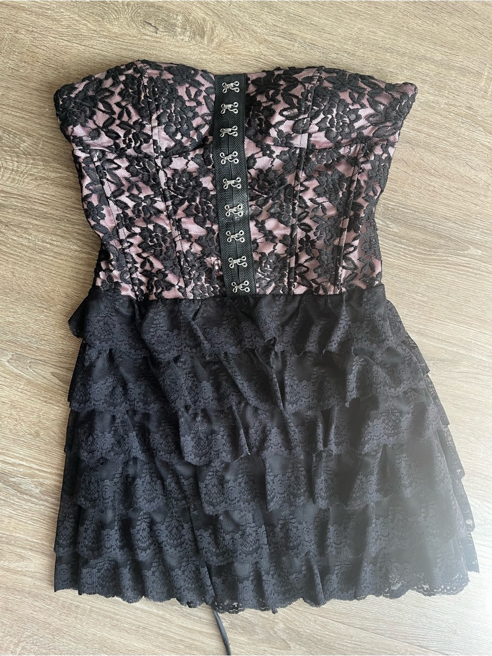 Strapless Black & Pink Lace Tiered Dress